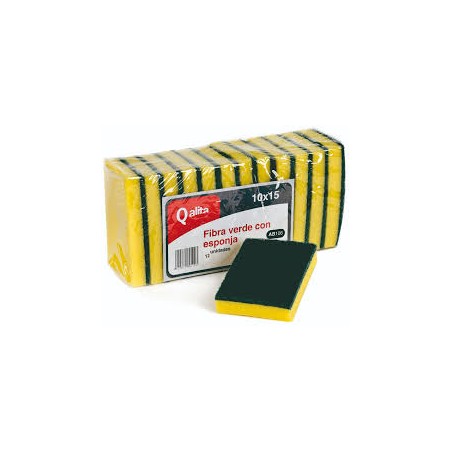 Estropajo fibra verde + esponja (12 und)