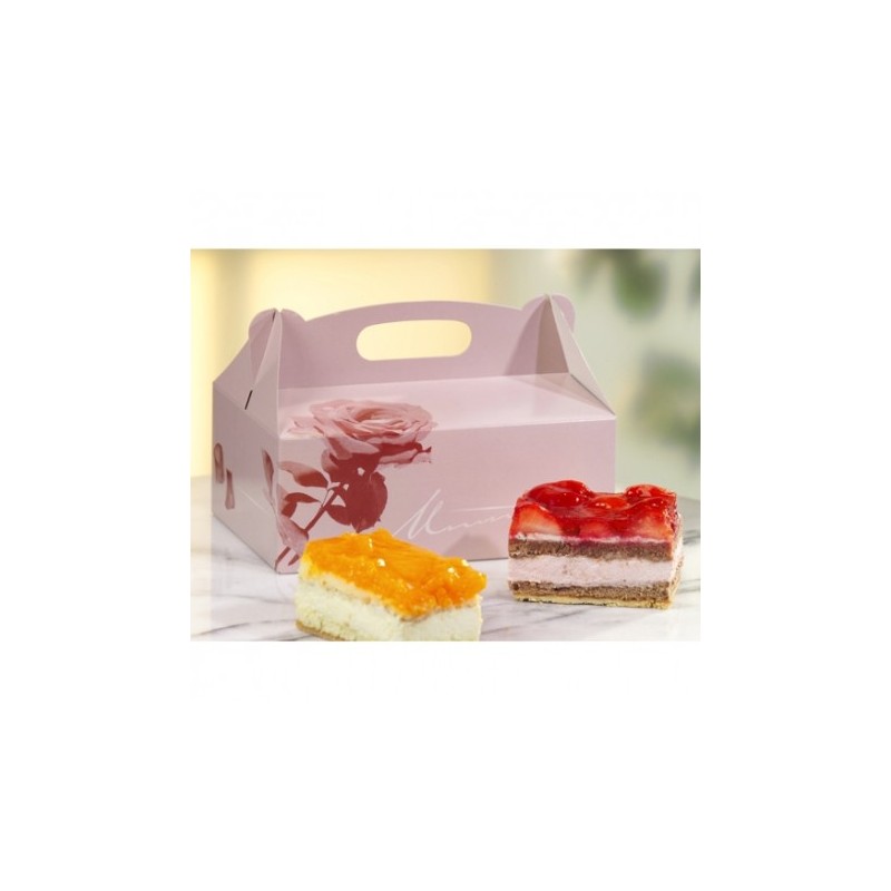 Caja repostería cartón rosado c/flor 23x16x9 cm (15 und)