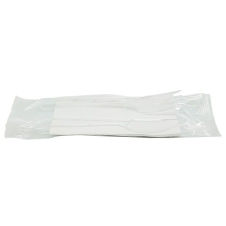 Set (cuchara, cuchillo, tenedor, servilleta) PS reutilizable blanco/crema (500)
