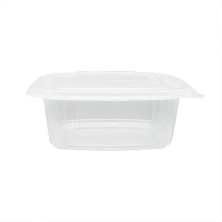 Tarrina PP c/tapa bisagra, transp. micro 500 cc (50 und)(12)